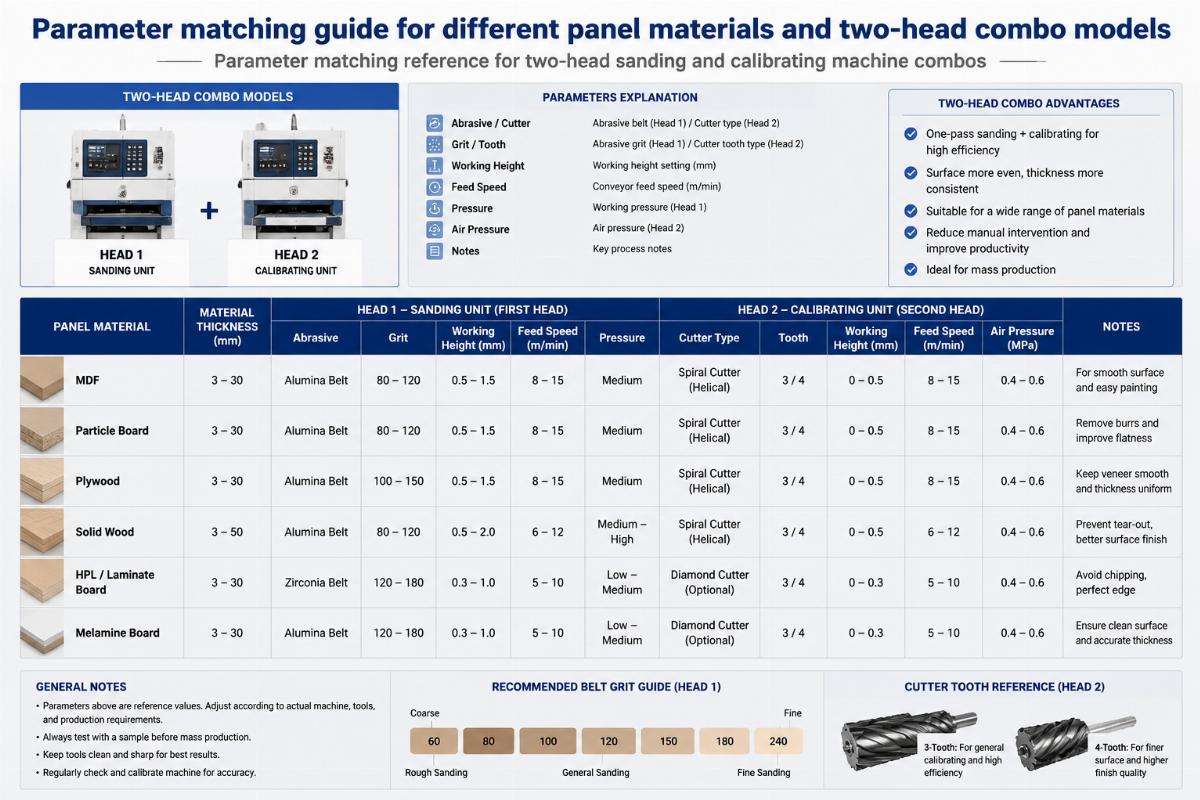 Parameter matching reference for two-head sanding and calibrating machine combos Parameter matching guide for different panel materials and two-head combo models