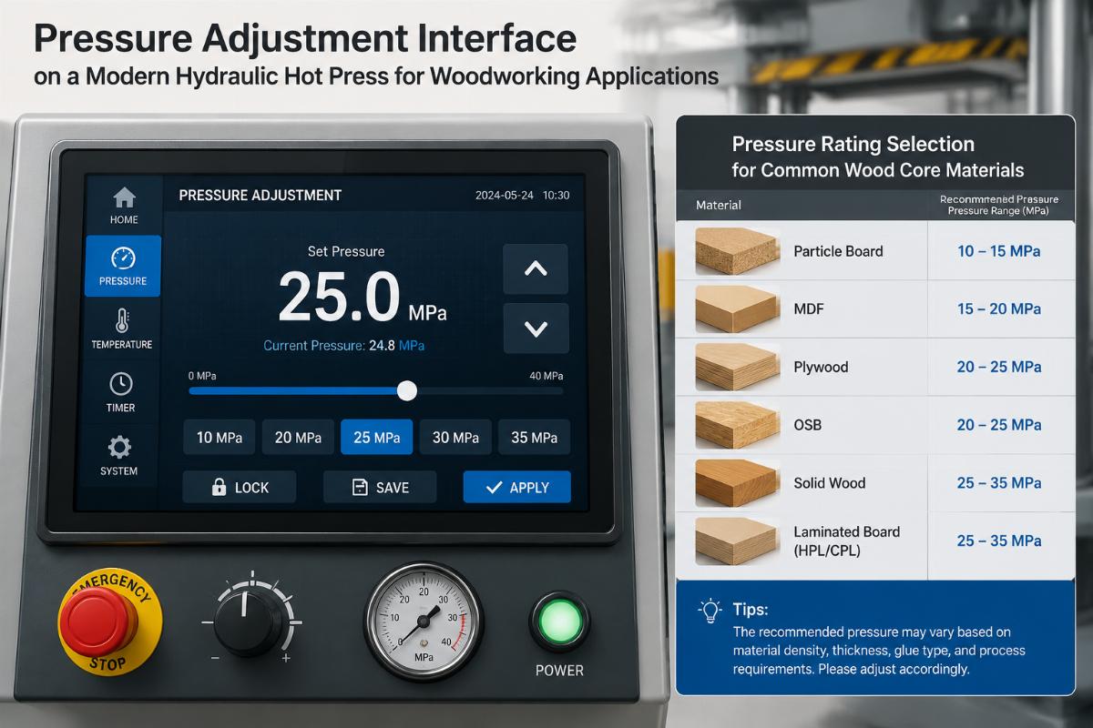 Pressure rating selection for common wood core materials Pressure adjustment interface on a modern hydraulic hot press for woodworking applications