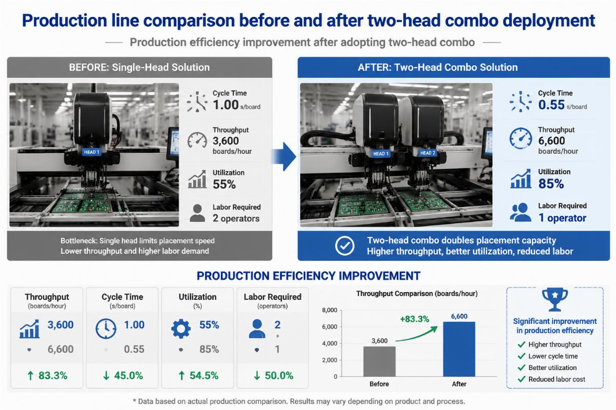 Production efficiency improvement after adopting two-head combo Production line comparison before and after two-head combo deployment