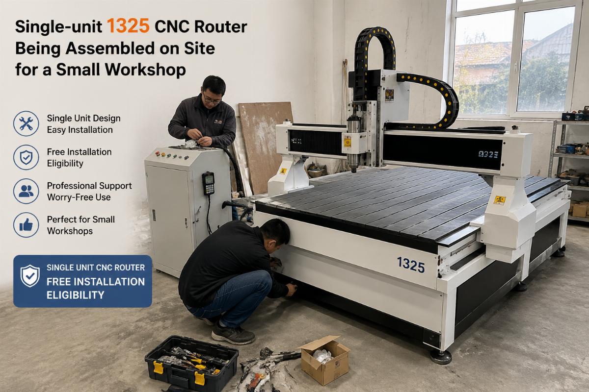 Single-unit 1325 CNC router being assembled on site for a small workshop