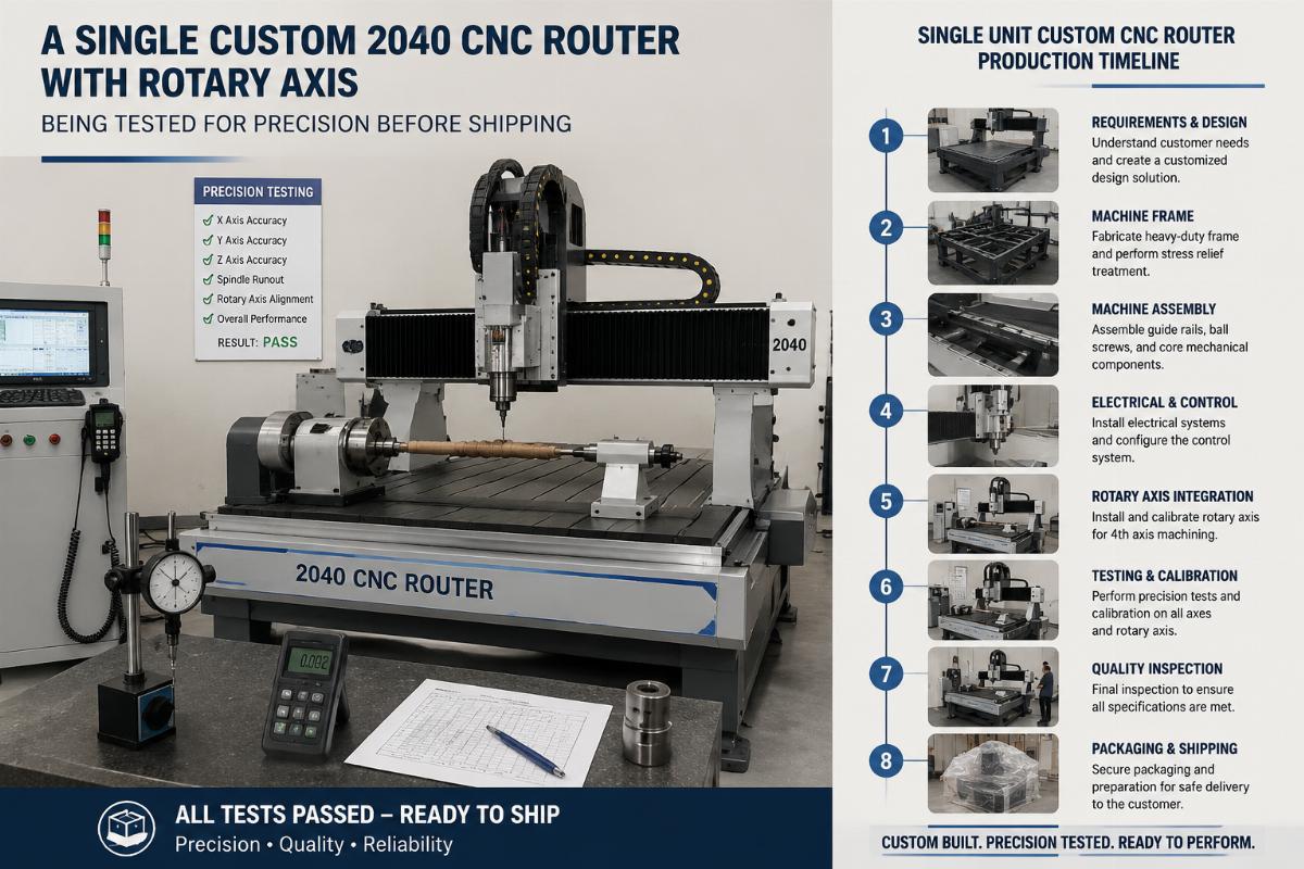single unit custom cnc router production timeline A single custom 2040 CNC router with rotary axis being tested for precision before shipping