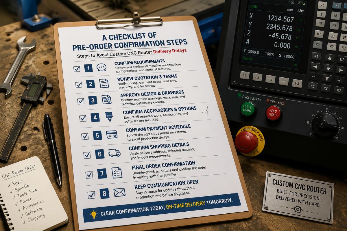 steps to avoid custom cnc router delivery delays A checklist of pre-order confirmation steps laid out on a workbench next to a CNC router control panel