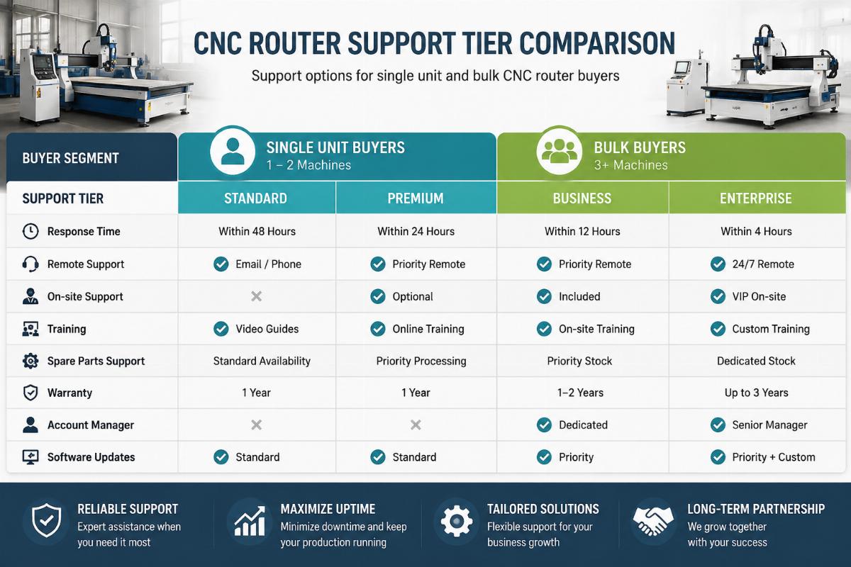 Support options for single unit and bulk CNC router buyers CNC router support tier comparison for different buyer segments