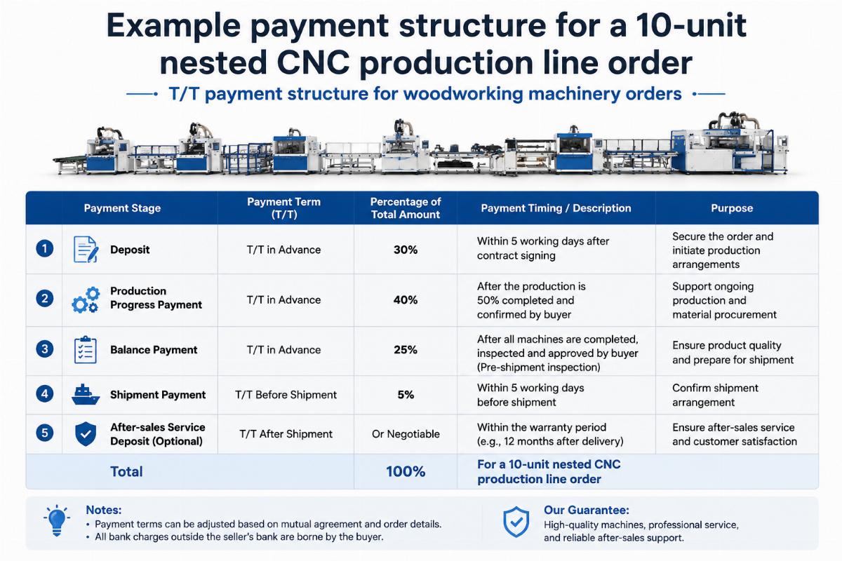 T/T payment structure for woodworking machinery orders Example payment structure for a 10-unit nested CNC production line order