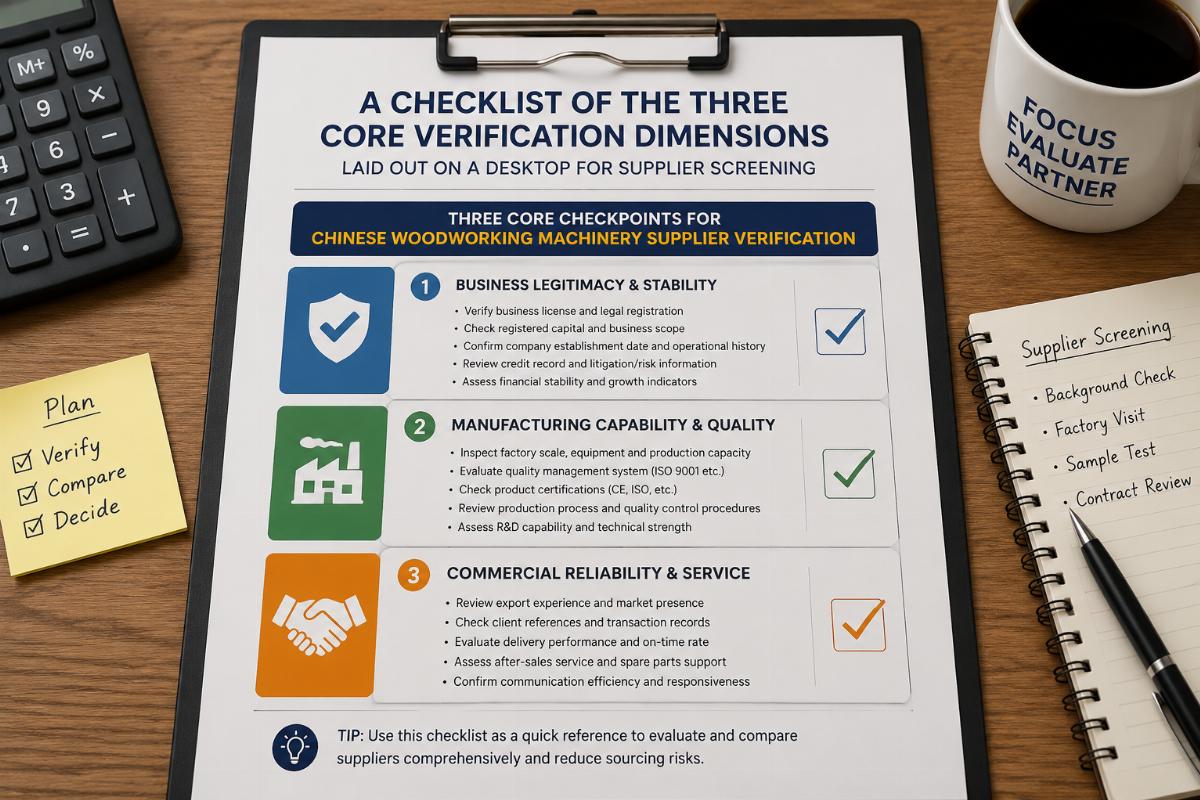 A checklist of the three core verification dimensions laid out on a desktop for supplier screening