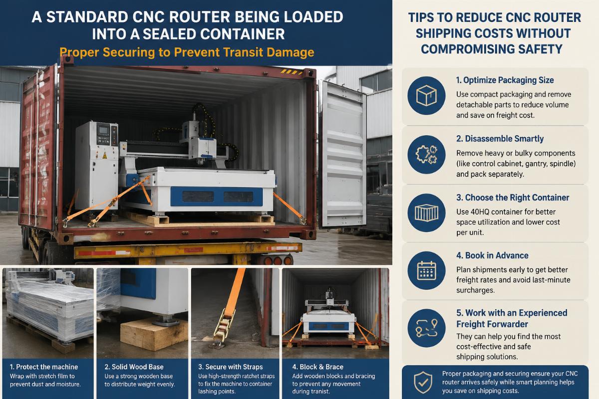 Tips to reduce CNC router shipping costs without compromising delivery safety A standard CNC router being loaded into a sealed container with proper securing to prevent transit damage
