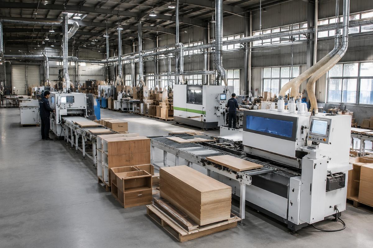 Turnkey custom furniture production line from Chinese woodworking machinery supplier Custom furniture production equipment line running in a mid-sized workshop