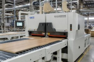 Two-head sanding and calibrating machine combo running on a panel processing production line