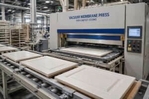 A production line of cabinet doors being processed with a vacuum membrane press