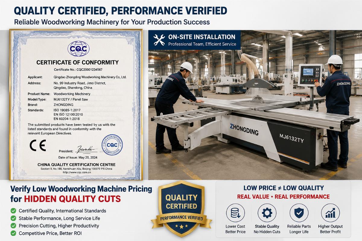 Verify low woodworking machine pricing for hidden quality cuts A certification document for woodworking machinery alongside an on-site installation photo