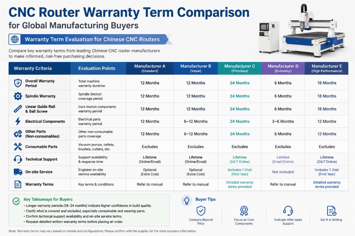 Warranty term evaluation for Chinese CNC routers CNC router warranty term comparison for global manufacturing buyers