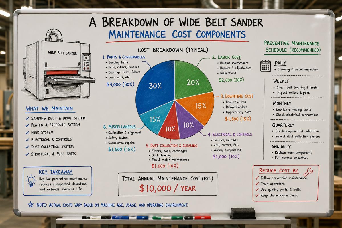 Wide belt sander cost component breakdown for woodworking equipment A breakdown of wide belt sander maintenance cost components on a factory whiteboard