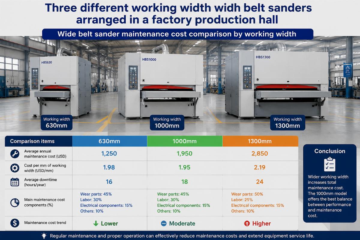 Wide belt sander maintenance cost comparison by working width Three different working width wide belt sanders arranged in a factory production hall