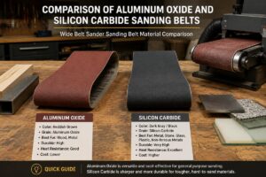 Comparison of aluminum oxide and silicon carbide sanding belts laid out on a workbench