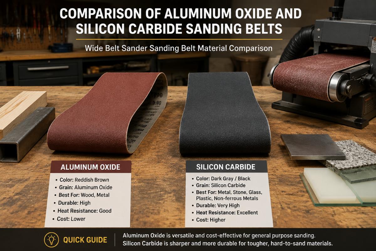 Comparison of aluminum oxide and silicon carbide sanding belts laid out on a workbench