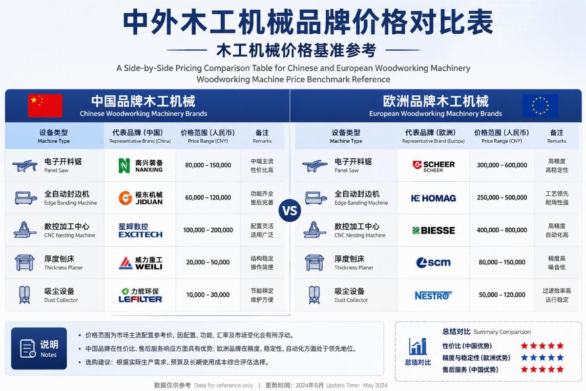 Woodworking machine price benchmark reference A side-by-side pricing comparison table for Chinese and European woodworking machinery brands