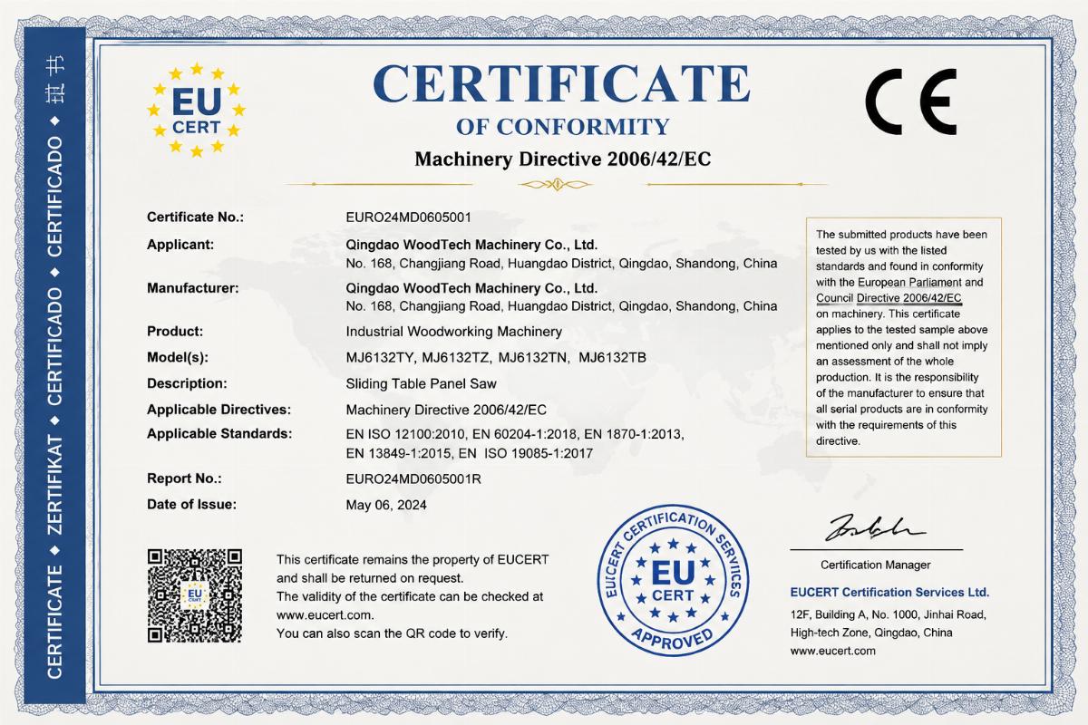 Woodworking machinery CE certification verification A valid CE certification document sample for industrial woodworking machinery