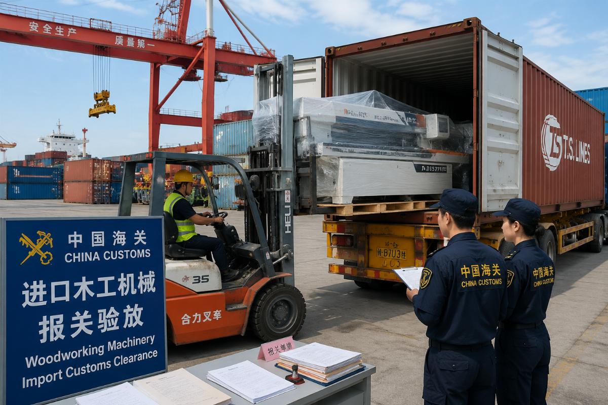 A shipping container of packaged woodworking machinery being loaded at a Chinese factory port