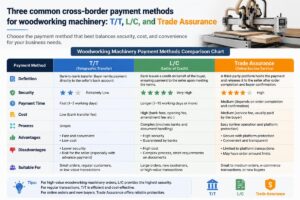 Three common cross-border payment methods for woodworking machinery: T/T, L/C, and Trade Assurance